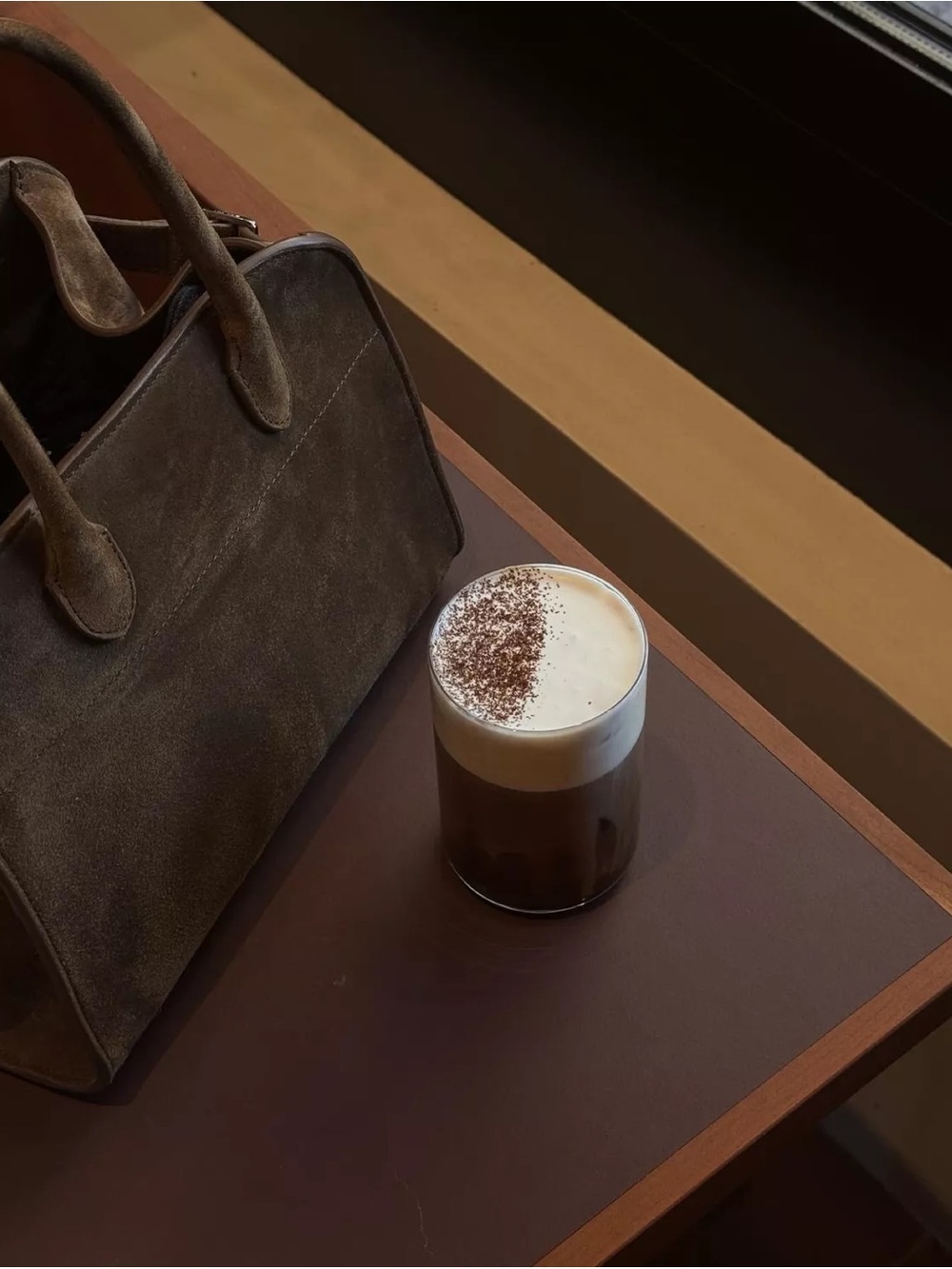 Margaux 10 Mini Calfskin Top Handle Soft Suede Tote in Brown Mocha